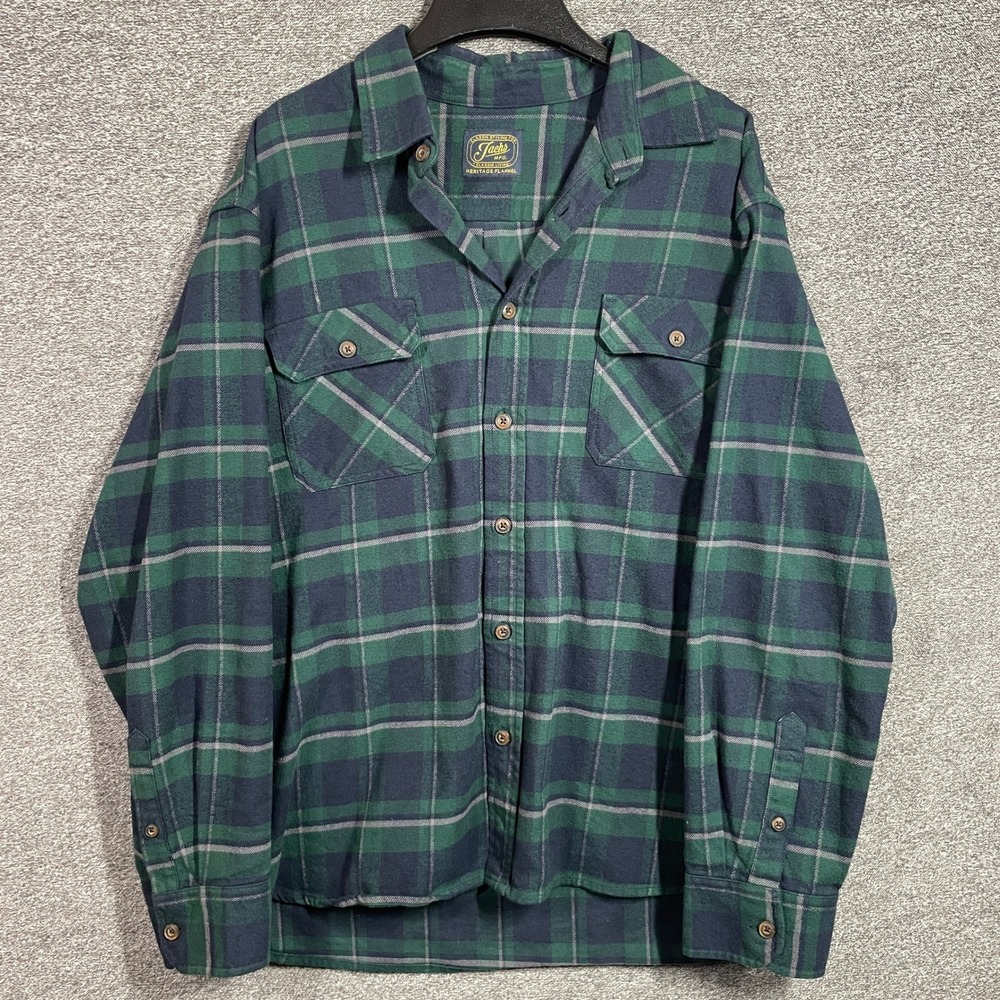 Jachs MFG Heritage Flannel Shirt Mens XL Green Navy Blue Plaid 100% Cotton